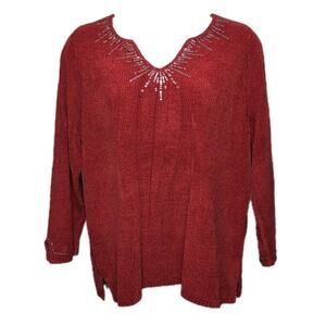 Quacker Factory Embellished Sweater Womens‎ Plus Size 1X Red Chenille NEW NWT